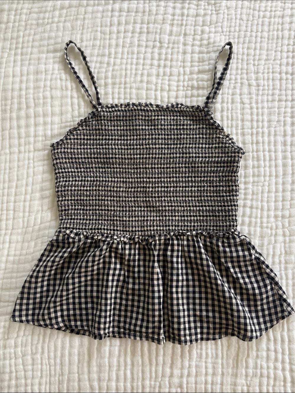 Active Basic Black & White Gingham Smocked Peplum Cami